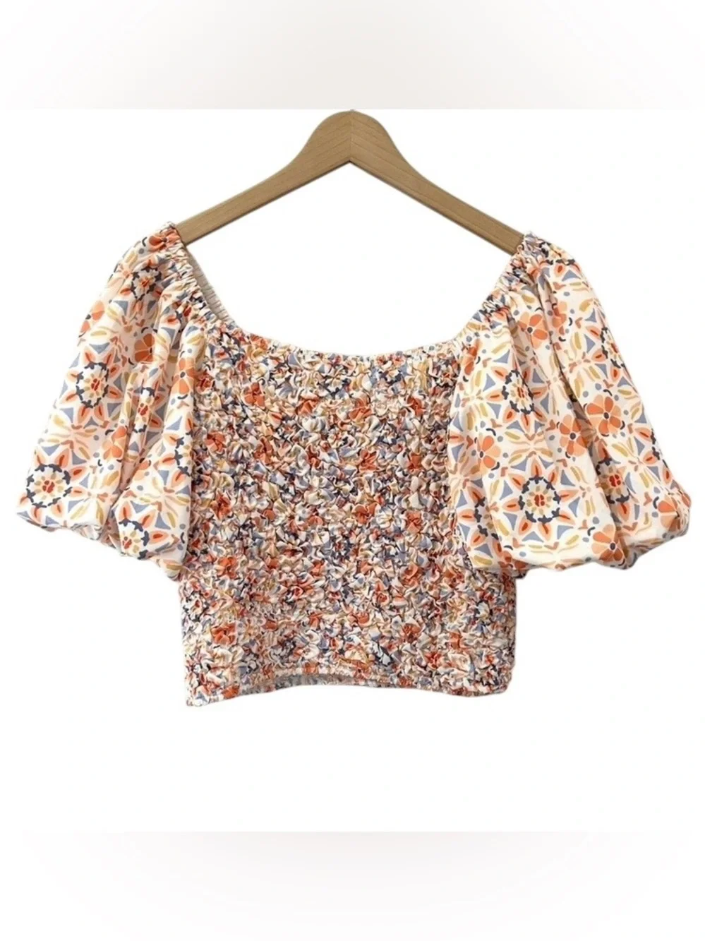 Anthropologie Dolan On or Off The Shoulder Textured Top M Orange Motif smocked